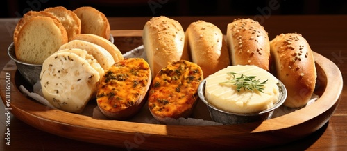 Cheese breads are placed with other breads in a serving dish.