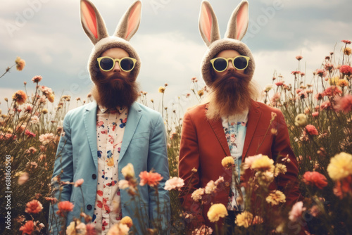Funny hipster friends wearing Easter bunny ears and sunglasses in blossoming flower meadow. Two men in fancy clothes celebrating Easter outdoor.