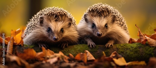 Two European hedgehogs in their natural habitat, close-up, with moss and autumn leaves.