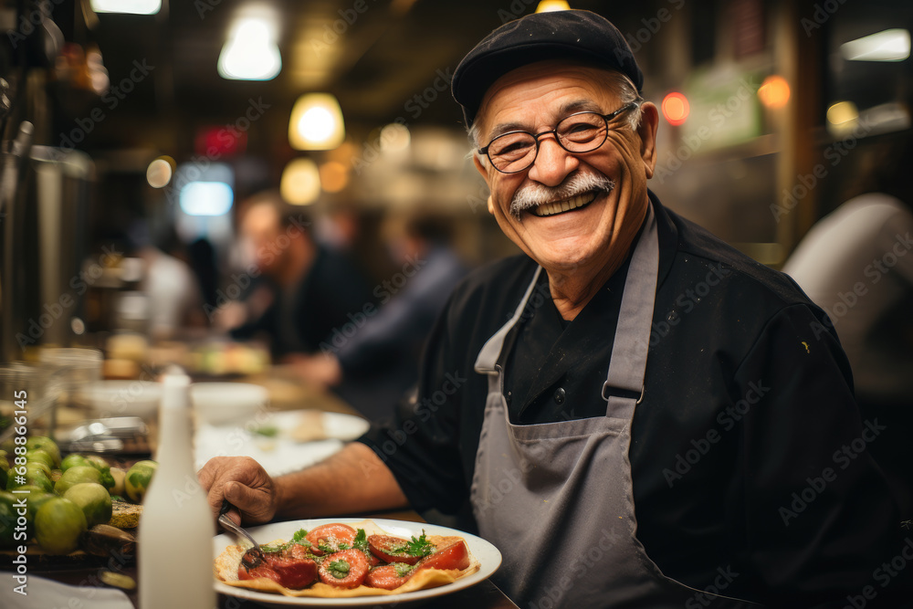 Elderly friendly man serves food Elderly friendly man serves food