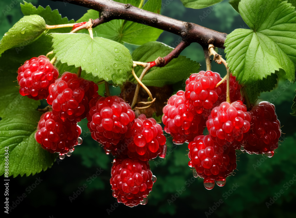 Raspberries and lilac on the bush, on a branch over trees, Fresh raspberries for sale in a garden. 