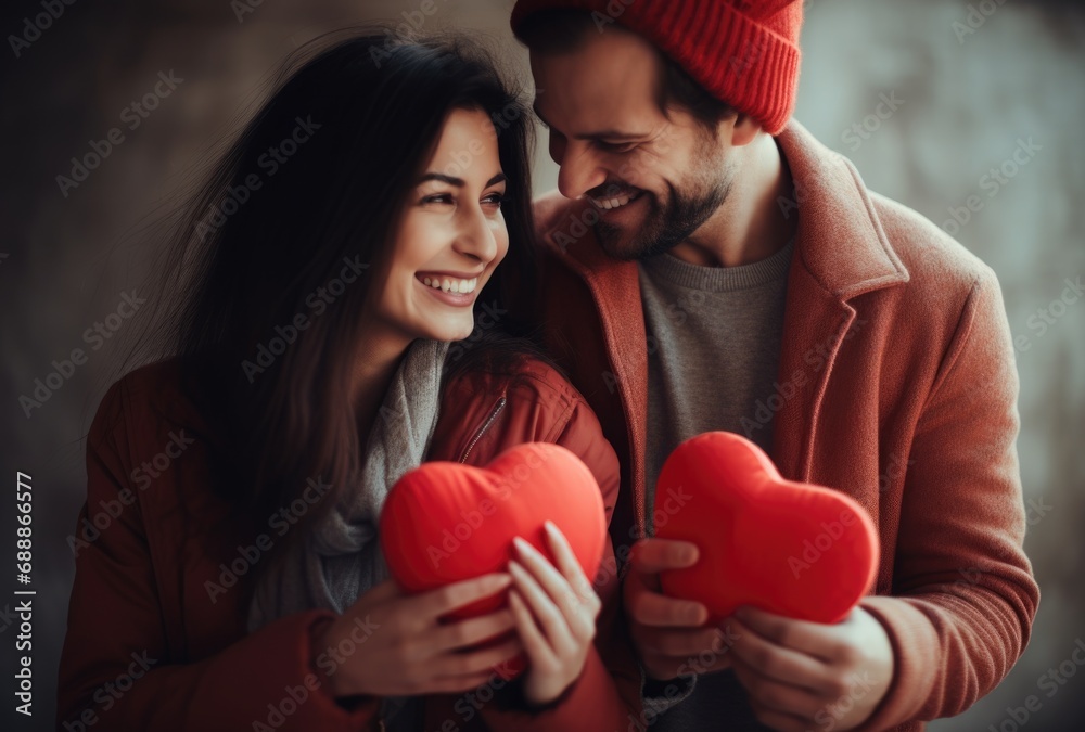 Couple with red felt hearts Couple with red felt hearts