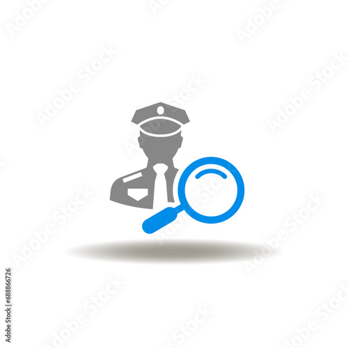 Vector illustration of officer with magnifier. Icon of customs. Symbol of policeman, security guard, foreman.