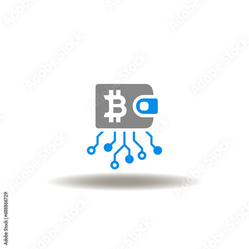 Vector illustration of purse with bitcoin and circuit pattern. Icon of ETF. Symbol of cryptocurrency wallet. Sign of ICO.