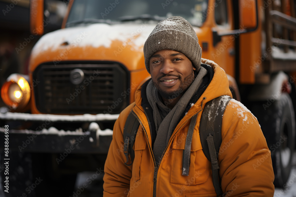 Black male driver clears the truck from the snow Black male driver clears the truck from the snow