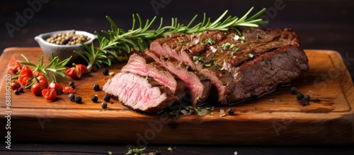 Herbed and spiced steak on a board. photo