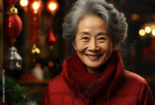 Asian granny in front of christmas tree © Larisa AI