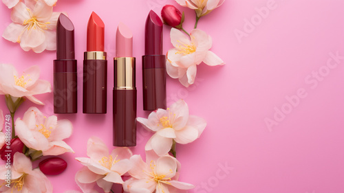 lipstick and flowers on pink background, AI Generative.