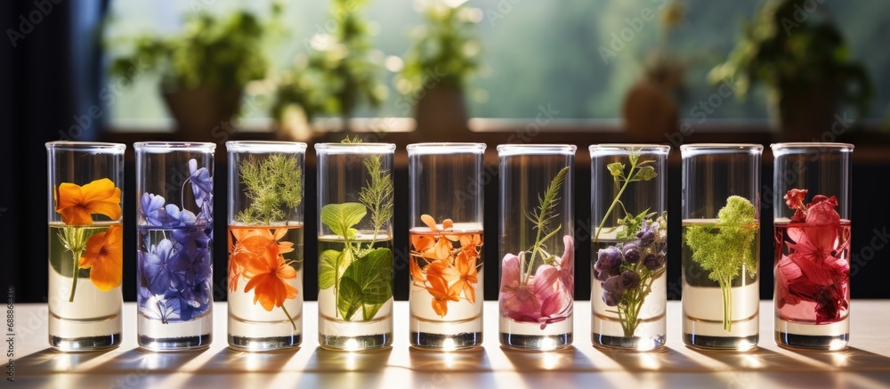 Scientific study of flowers and plants in test tubes leads to natural perfumes, essential oils, and cosmetics. Scientific study of flowers and plants in test tubes leads to natural perfumes, essential oils, and cosmetics.
