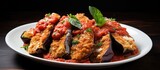 Breaded eggplant with tomato sauce and challah.