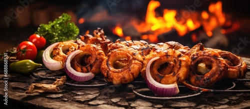 Shashlik is made by grilling skewered meat with fried onion rings. photo