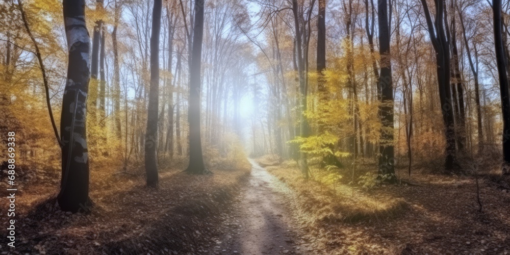 Naklejka premium Yellow autumn mood in the forest , Nature change Yellow leaves in october season Sun