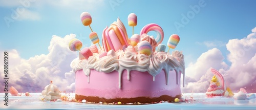 Fantasy candy land birthday cake with colorful sweets. Dreamy celebration dessert. photo