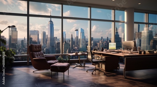 An office with a panoramic view of a bustling financial district, skyscrapers in the background.