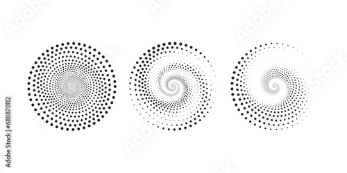 Halftone circular dotted frames set. Circle dots texture isolated on white background. Spotted spray texture. Vector abstract design element spiral circle sound wave vector logo concept modern