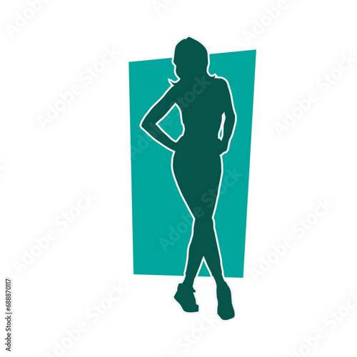 Silhouette of a slim female model wearing casual outfit standing in girly pose.
