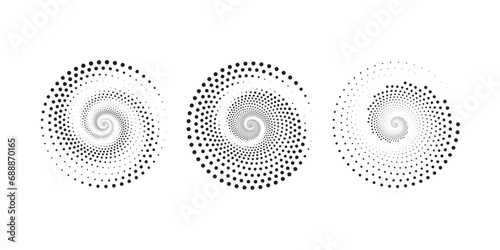 Halftone circular dotted frames set. Circle dots texture isolated on white background. Spotted spray texture. Vector abstract design element spiral circle sound wave vector logo concept dots
