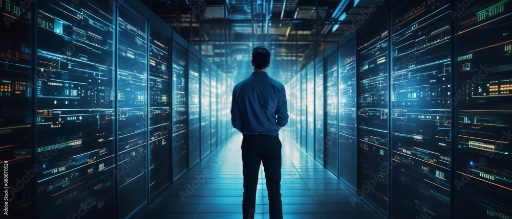 Futuristic Concept Data Center Chief Technology Officer Holding Laptop, Standing In Warehouse Futuristic Concept Data Center Chief Technology Officer Holding Laptop, Standing In Warehouse