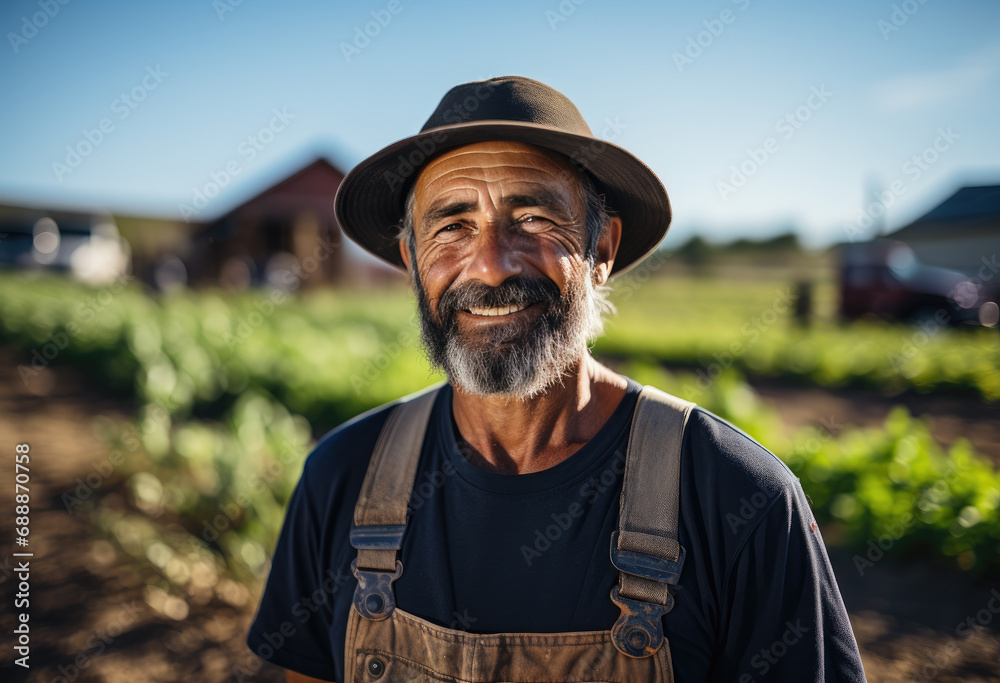 Smiling elderly guy in farmer uniform