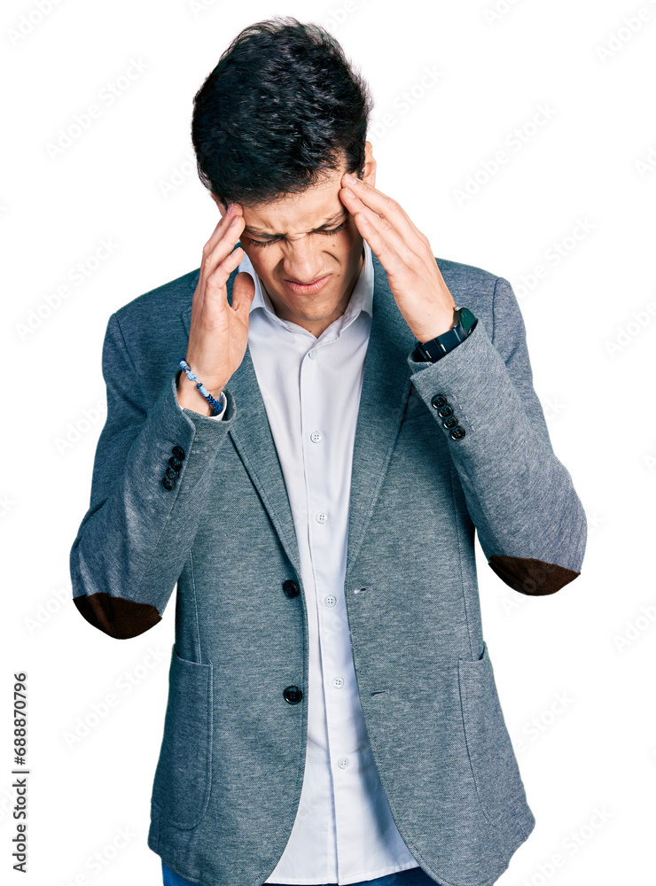 Young hispanic man wearing business clothes with hand on head, headache because stress. suffering migraine. Young hispanic man wearing business clothes with hand on head, headache because stress. suffering migraine.