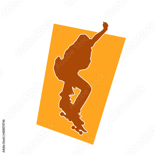Silhouette of a male in action pose on skateboard. Silhouette of an urban boy on skateboard.