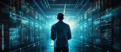 Futuristic Concept Data Center Chief Technology Officer Holding Laptop, Standing In Warehouse