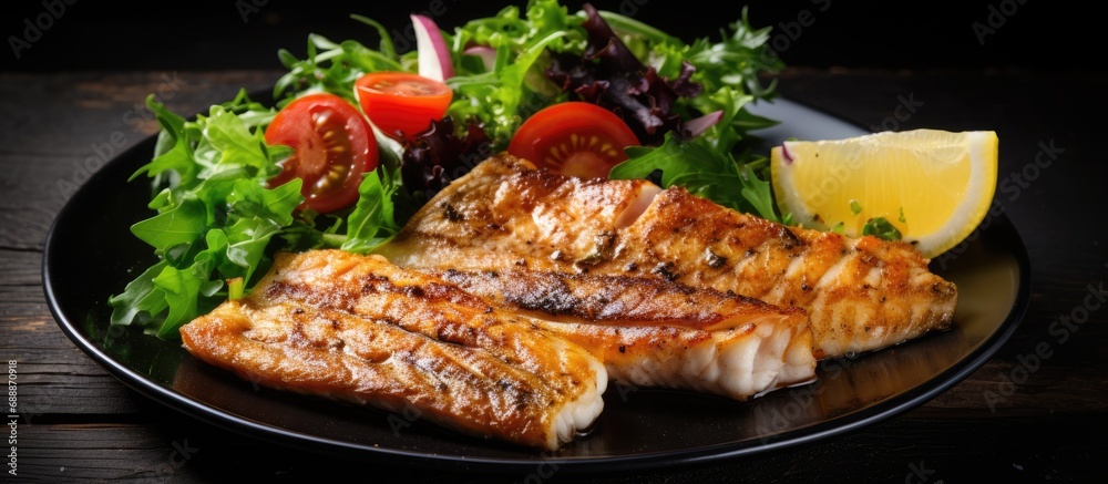 Two tasty fish fillets served with a side salad, close-up view of the texture. Two tasty fish fillets served with a side salad, close-up view of the texture.