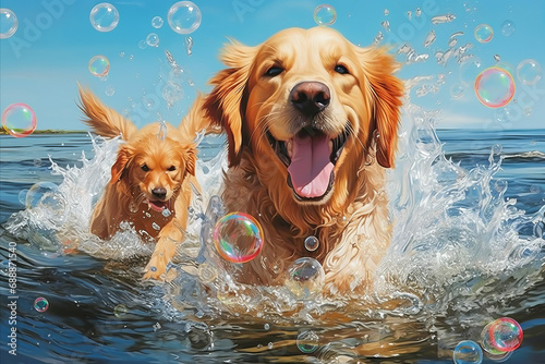 Joyful dogs chasing soap bubbles in vibrant blue sea, creating a playful and fun-filled scene