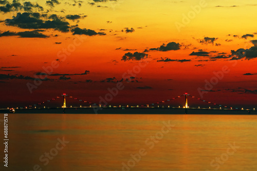 Mackinac Bridge after sunset as veiwed from Mackinac Island, Michigan.