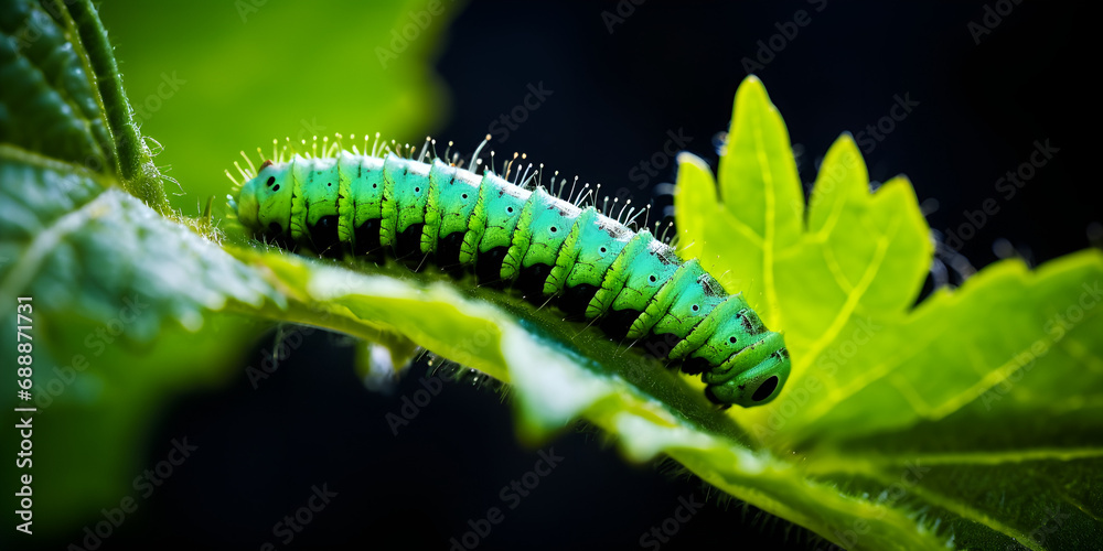 A Caterpillar on a Green Leaf: Close-Up Macro Photography

