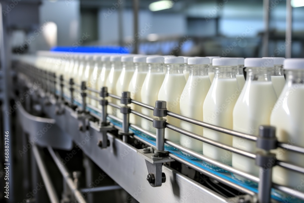 Automated dairy products filling line with white bottles