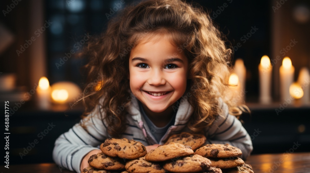 Happy funny little girl bakes christmas cookies on cozy kitchen at home Happy funny little girl bakes christmas cookies on cozy kitchen at home