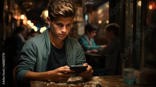 A teenager in a cafe is focused on a smartphone, depicting a common modern scene of youth immersed in digital communication, youth market for apps, social media platforms, connected generation