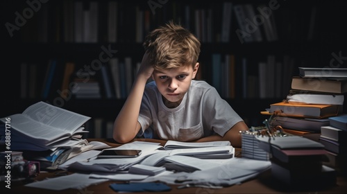 A child sits among a pile of books and papers, looking exhausted and stressed, a scene capturing the pressures of education, educational resources, mental health awareness