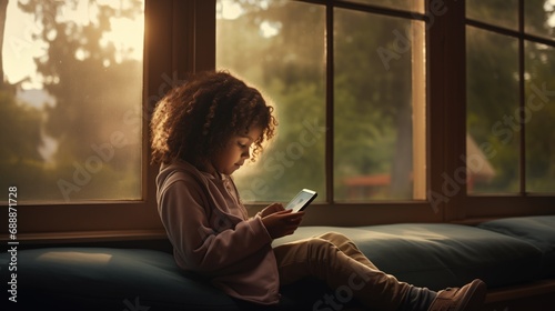 A curly-haired child is engrossed in a smartphone by a large window with a view of nature, juxtaposing technology with the outdoors, discussions on screen time, nature versus technology, photo