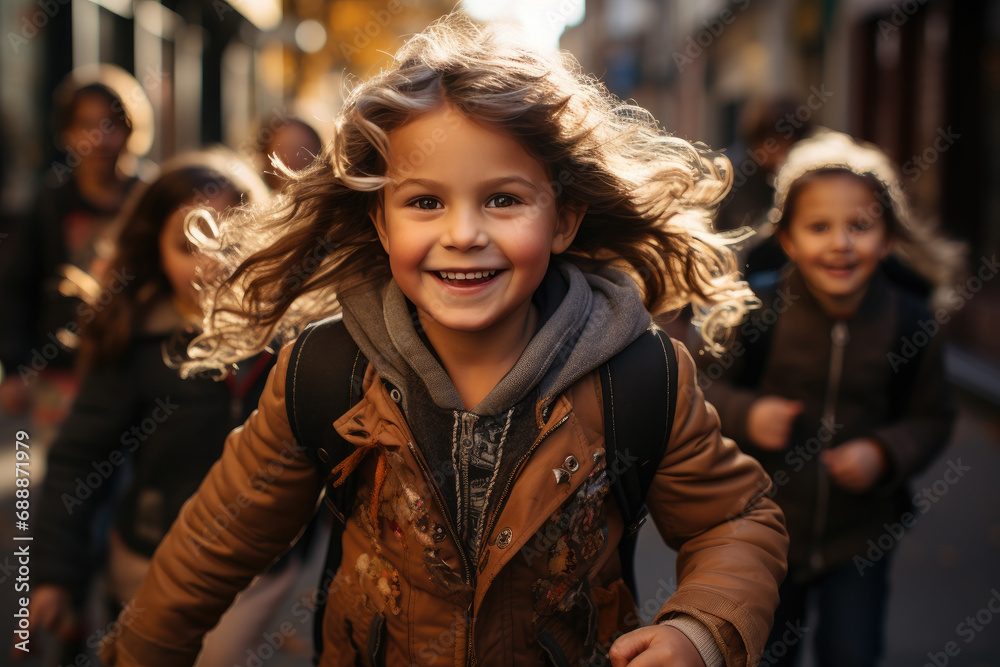 Group of blond girl kids walking around the city Group of blond girl kids walking around the city