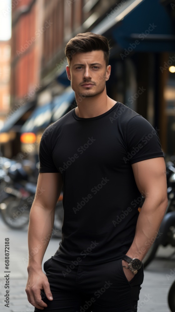Fototapeta premium Male model in a classic black cotton T-shirt on a city street