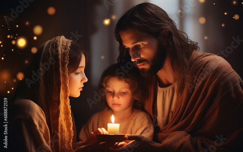 Jesus cristo orando junto a família, fundo com luzes de natal 