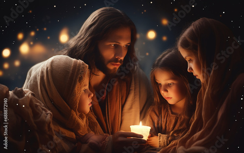Jesus cristo orando junto a família, fundo com luzes de natal 