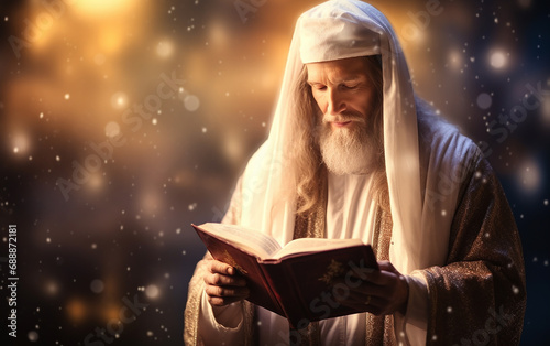 Jesus cristo profeta com touca de natal segurando biblia sagrada 