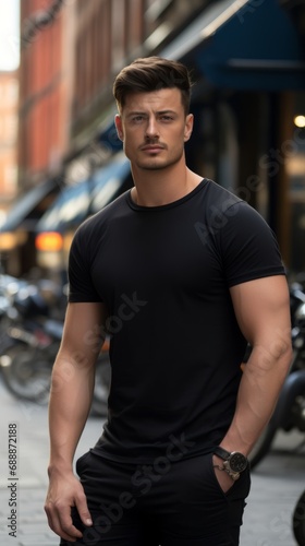 Male model in a classic black cotton T-shirt on a city street © David