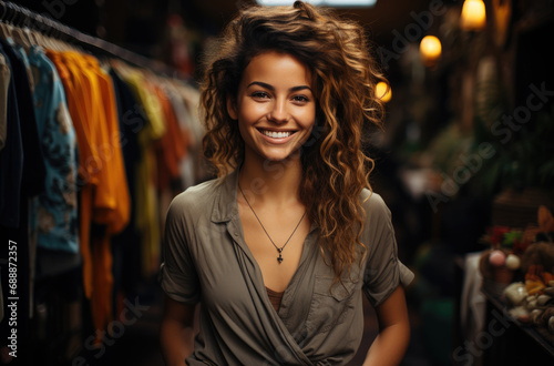 Portrait of smiling brunette model which buys a dress