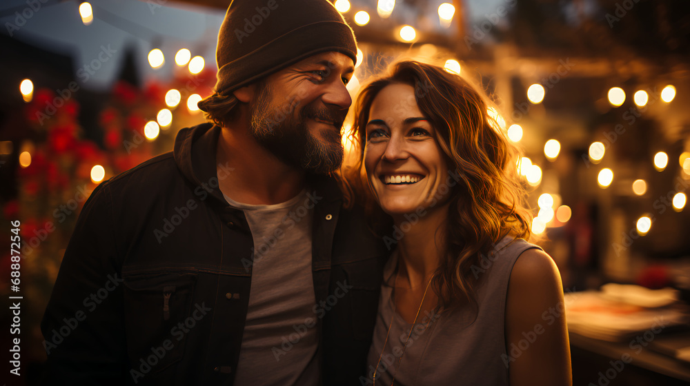 Couple having fun at backyard barbecue - white lights background - summer fun - romantic 