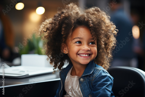 Cute black little girl enjoy in the restaurant photo
