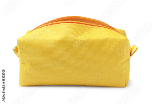 Stylish yellow cosmetic bag isolated on white