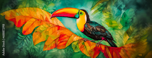 Trendy toucan bird art with tropical flowers and botanical foliage background. Colorful toco hornbill in paradise for vacation beach travel, cartoon exotic jungle, modern graphic resource by Vita photo