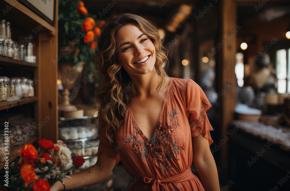 Brunette woman laughing in restaurant