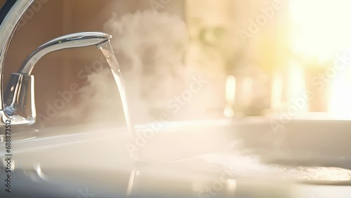 Closeup of steam rising from the hot water as droplets of water cling to the edge of the bathtub photo