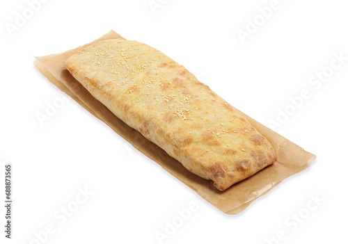 Delicious strudel with tasty filling isolated on white