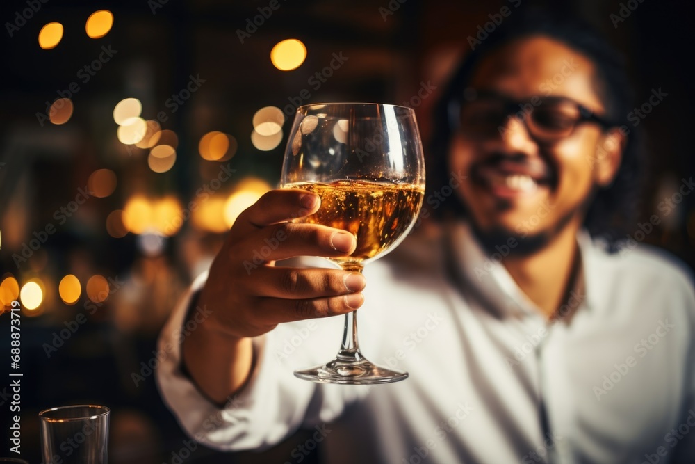 Man holding a glass of beer celebrating and toasting